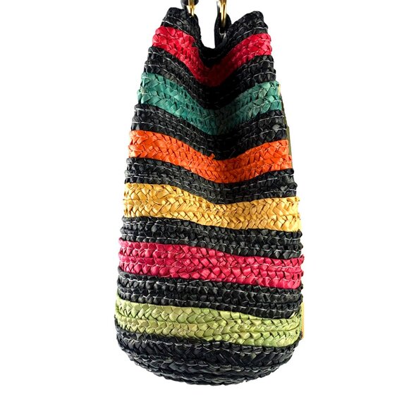 MAGID Multi Colored Striped Wheat Straw Double Wooden Handle Satchel - Picture 13 of 14